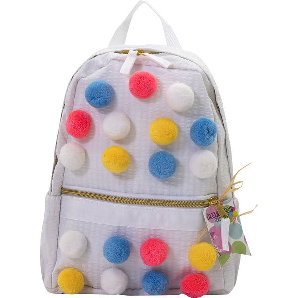 Seersucker Mini Pom Pom Backpack - Bright Poms